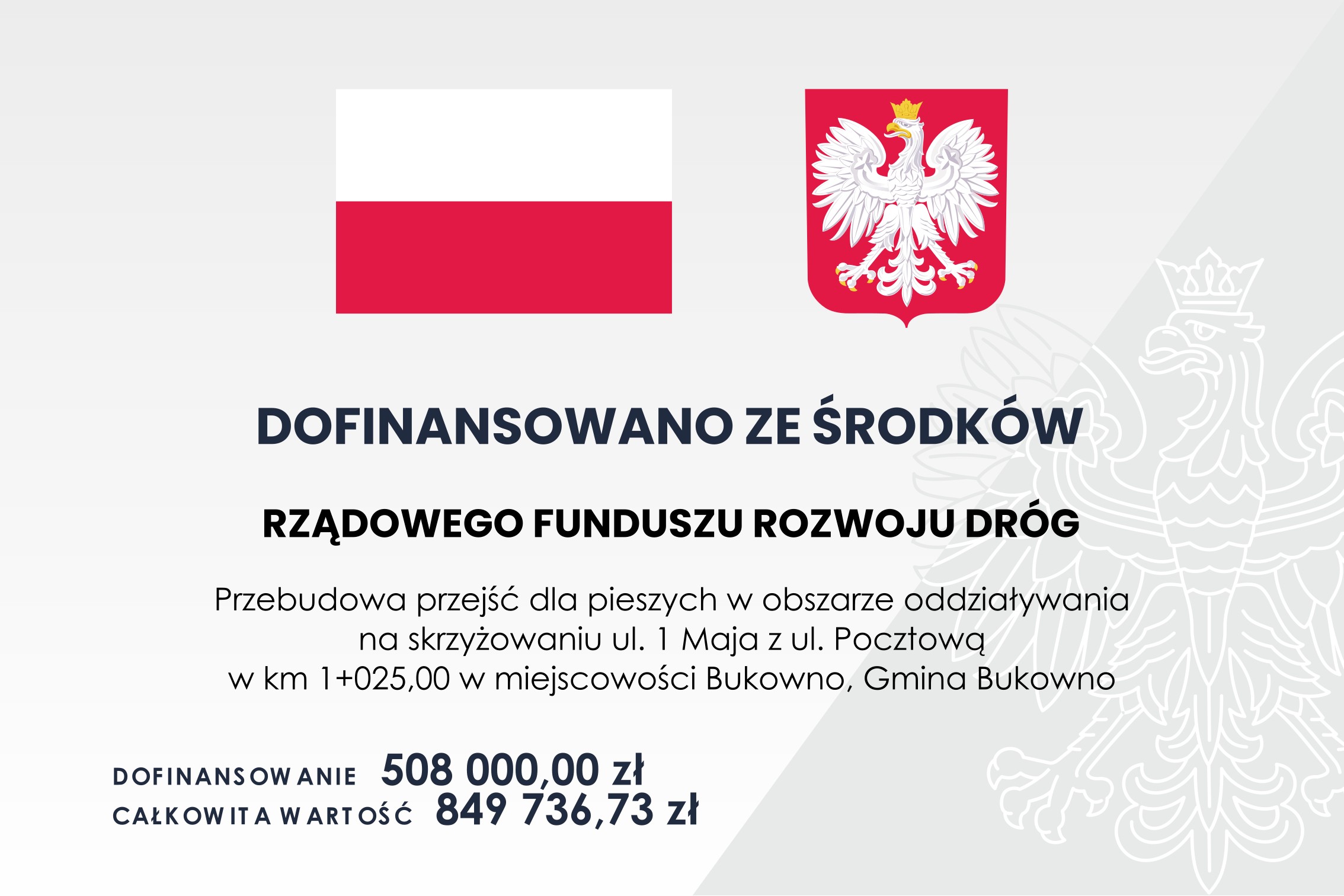 Przebudowa przejść dla pieszych w obszarze oddziaływania na skrzyżowaniu ul. 1 Maja z ul. Pocztową w km 1+025,00 w miejscowości Bukowno, Gmina Bukowno.