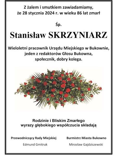 Obraz dla aktualności o tytule: Zmarł Śp. Stanisław SKRZYNIARZ, wieloletni pracownik Urzędu Miejskiego w Bukownie