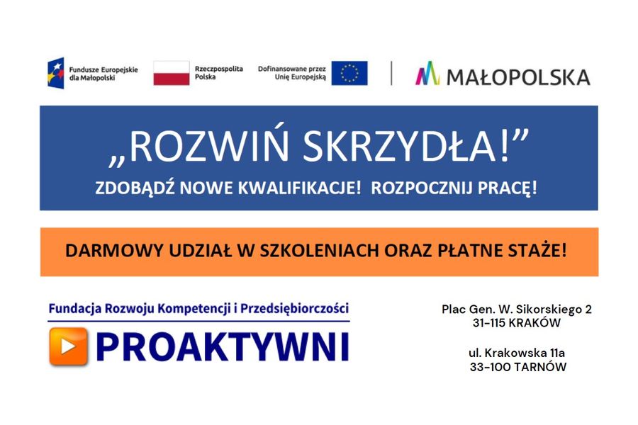 Obraz dla aktualności o tytule: Dołącz do projektu „Rozwiń SKRZYDŁA!” i zmień swoją sytuację zawodową razem z Fundacją Rozwoju Kompetencji i Przedsiębiorczości PROAKTYWNI