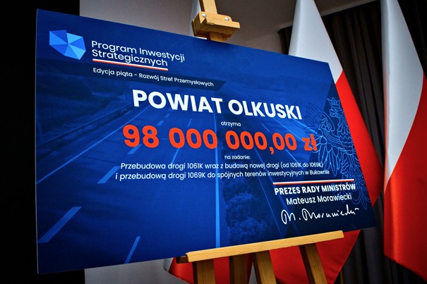 Plakat Programu Inwestycji Strategicznych "Powiat Olkuski otrzyma 98 000 000,00 zł"