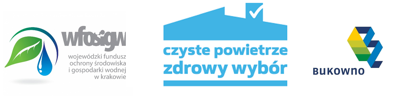 Trzy loga na pasku w poziomie - logo WFOŚiGO, logo akcji Czyste powietrze, logo miasta Bukowno.