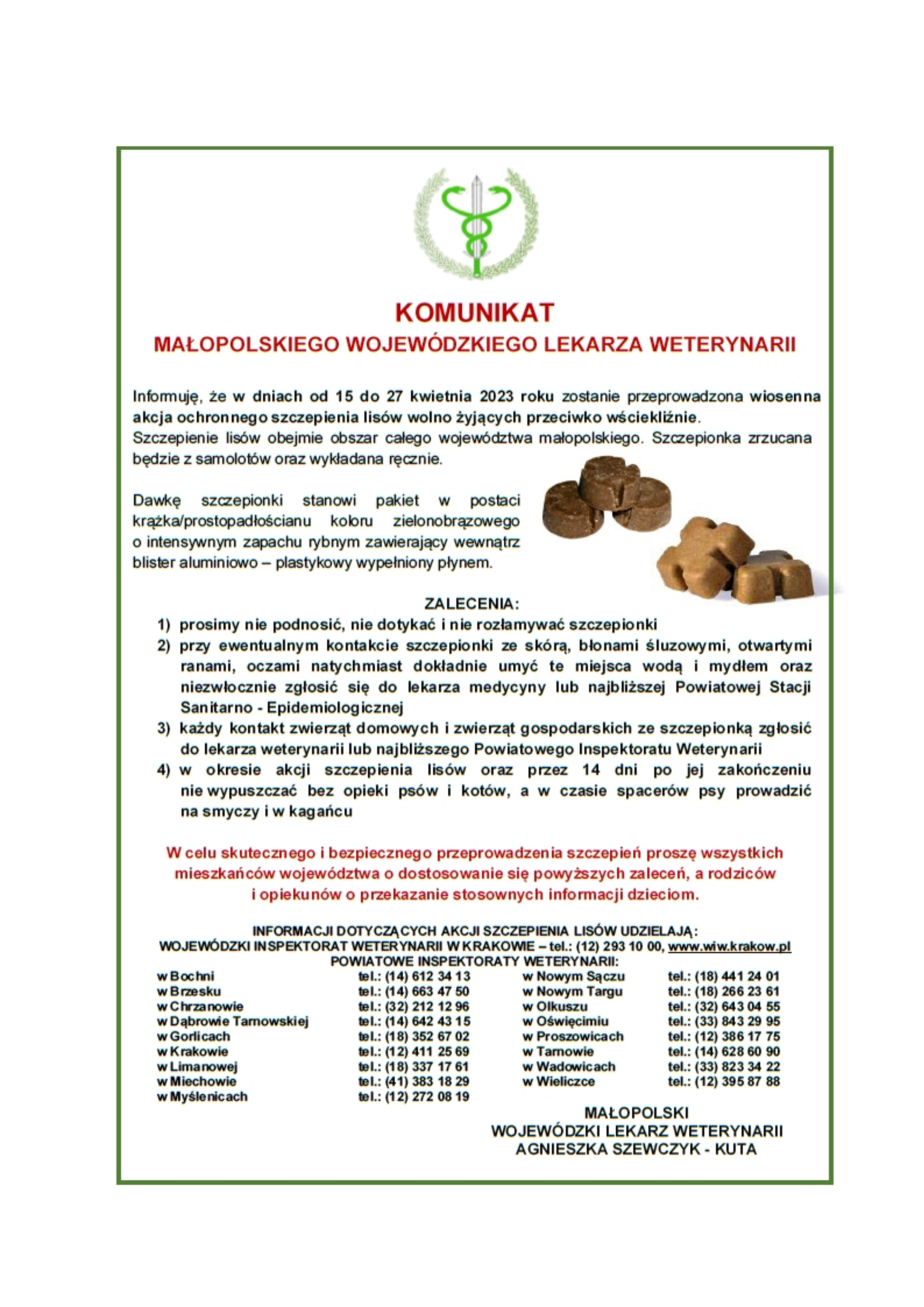 Komunikat Małopolskiego Wojewódzkiego Lekarza Weterynarii