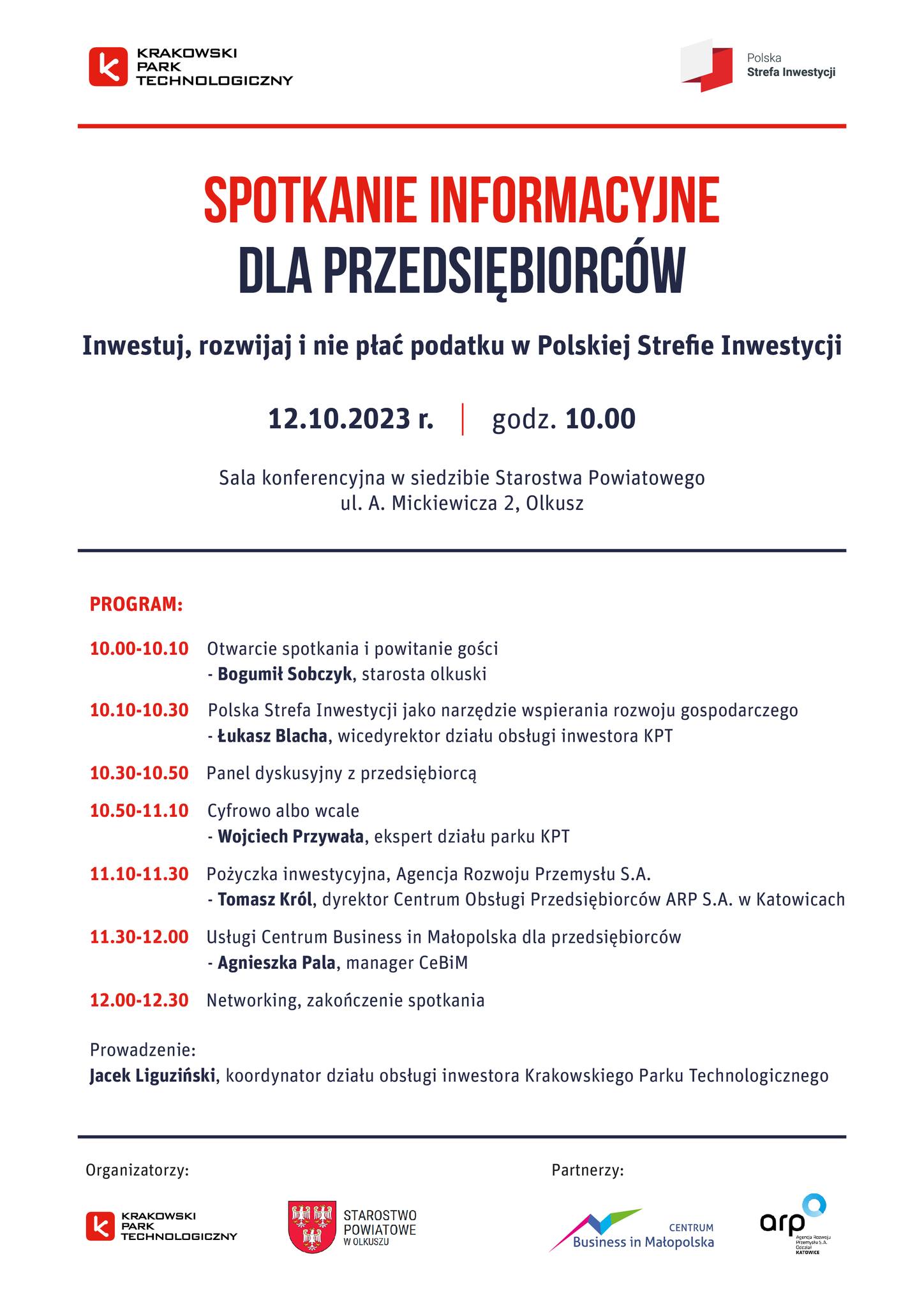 Plakat Krakowskiego Parku Technologicznego "Spotkanie Informacyjne Dla Przedsiębiorców"