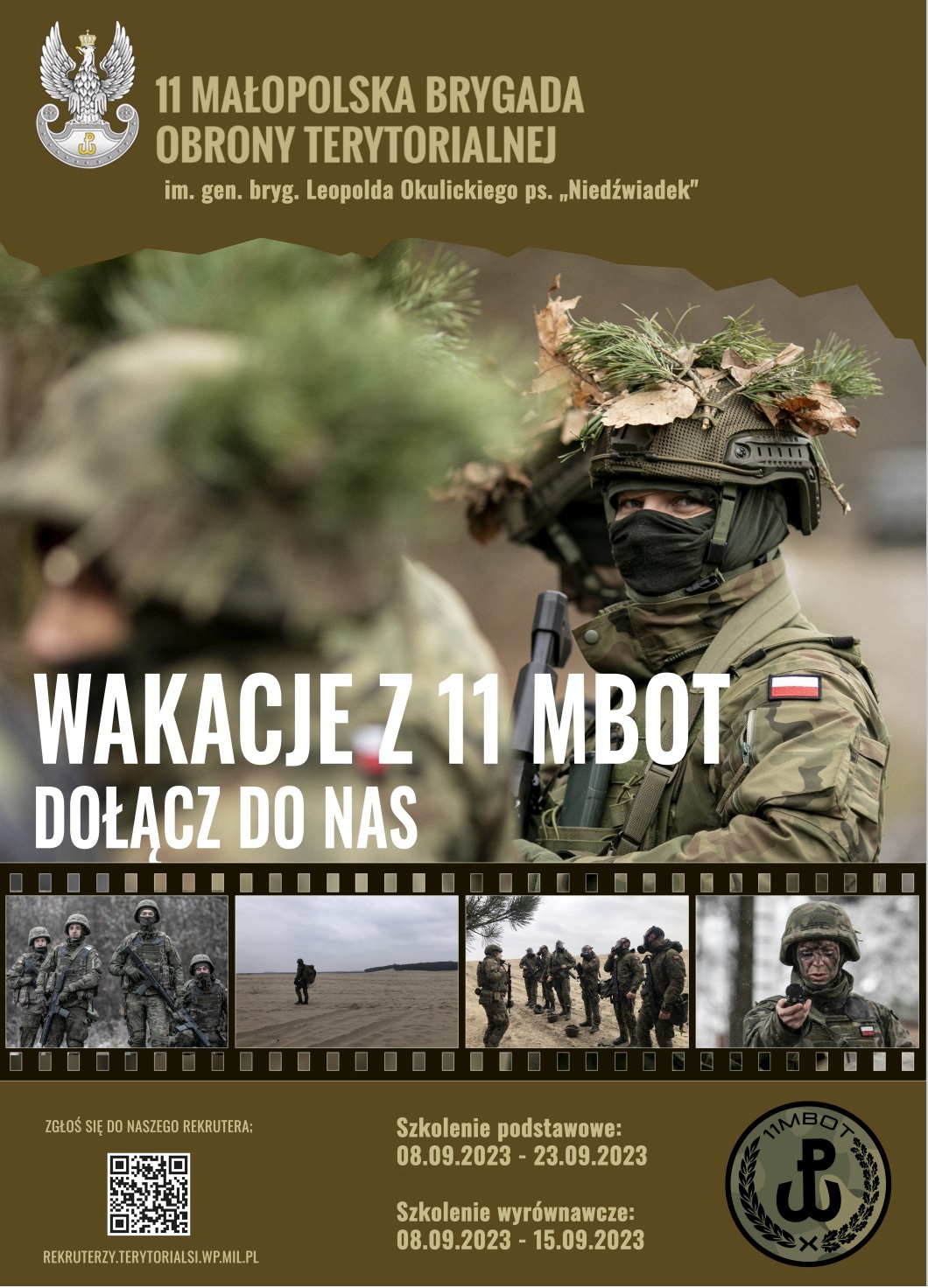 plakat 11 Małopolskiej Brygady Obrony Terytorialnej "'Wakacje z 11 MBOT - Dołącz do nas"