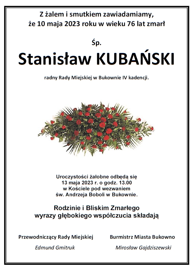 Zawiadomienie o śmierci Stanisława Kubańskiego