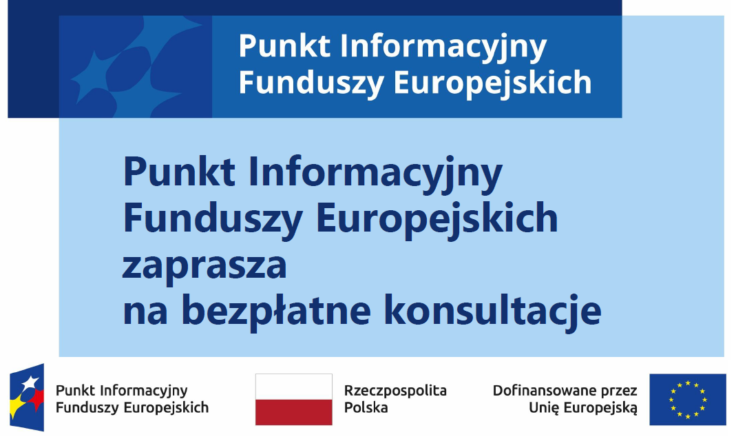 Plakat w tonacji kolorów błekitno niebieskich z tekstem z artykułu dotyczacym konsultacji dla mieszkańców w sprawie pozyskiwania Funduszy Europejskich.