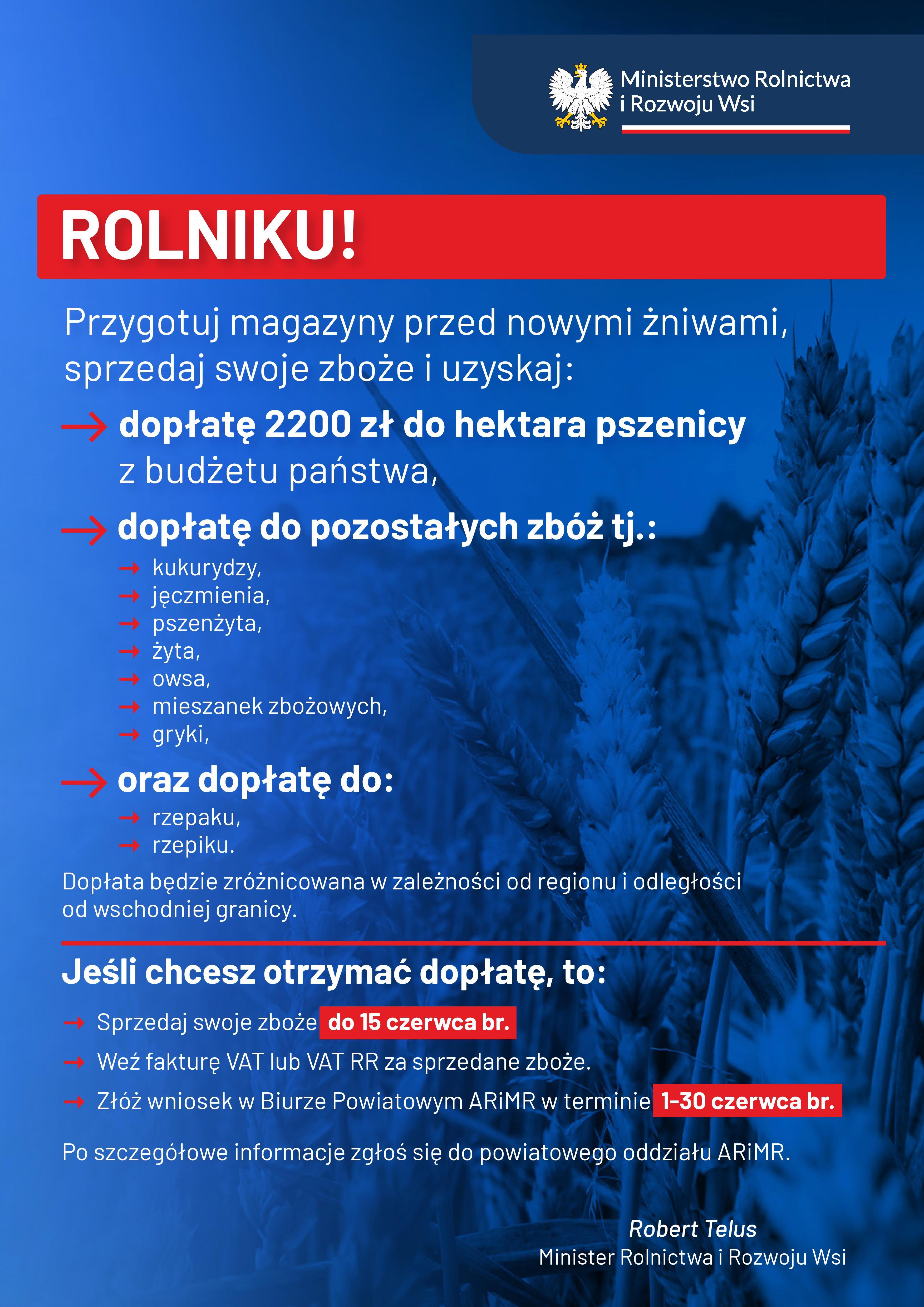 plakat Ministerstwa Rolnictwa i Rozwoju Wsi odnośnie dopłat do zbóż 