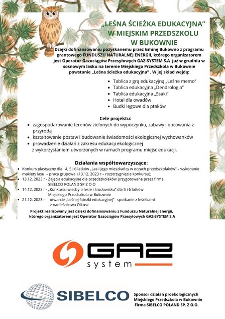 Plakat "Leśna ścieżka edukacyjna" w miejskim przedszkolu w Bukownie
