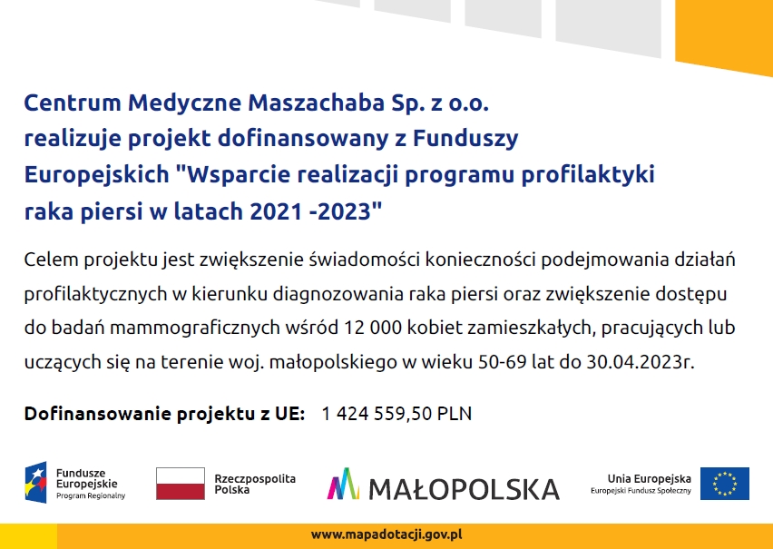 Ilustracja Centrum Medycznego Maszachaba Sp.z o.o. realizuje projekt dofinansowany z Funduszy Europejskich "Wsparcie realizacji programu profilaktyki raka piersi w latach 2021-2023"