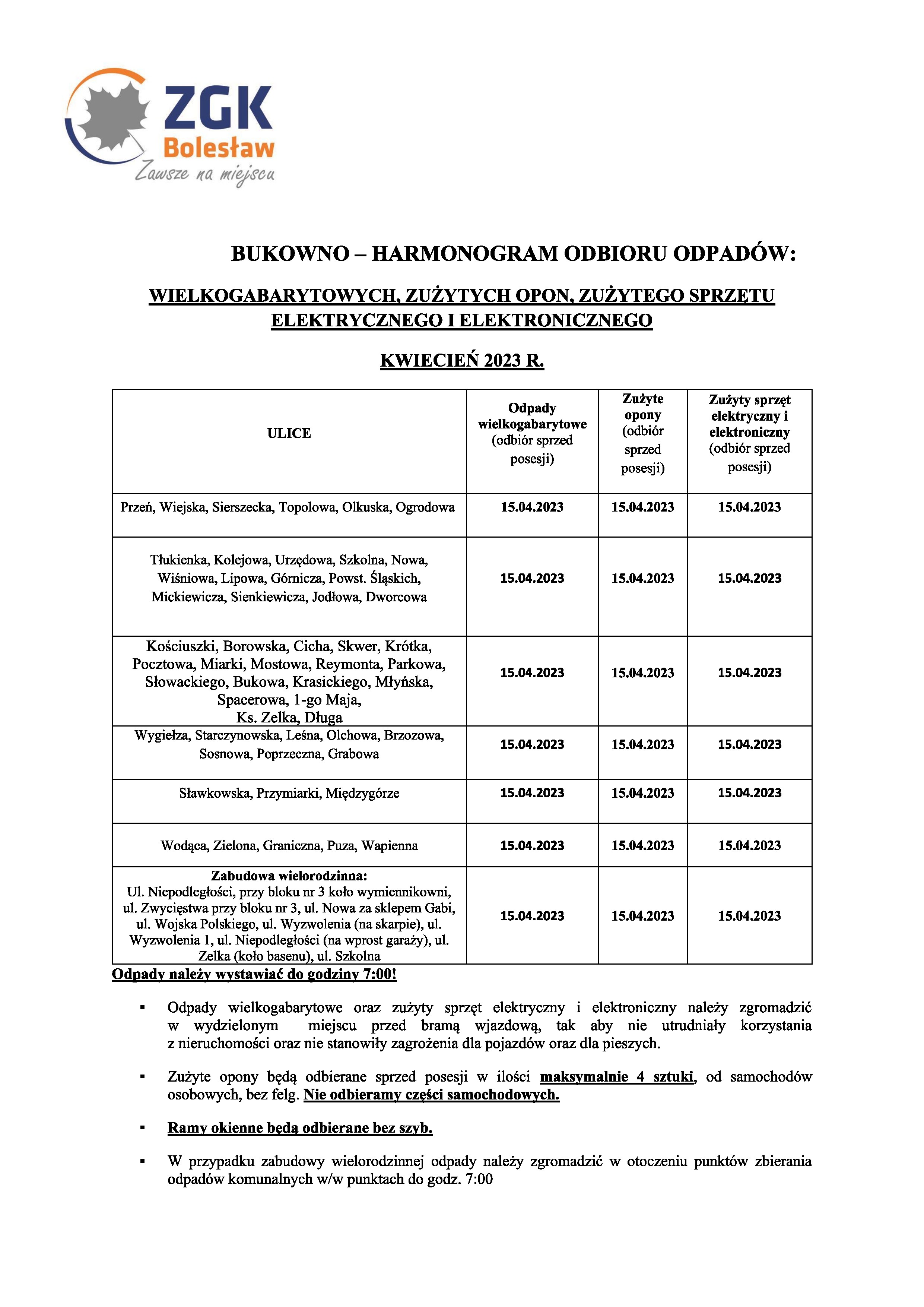 Harmonogram Odbioru Odpadów Kwiecień 2023r.