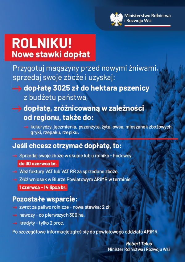 plakat Ministerstwa Rolnictwa i Rozwoju Wsi w sprawie dopłat do zbóż