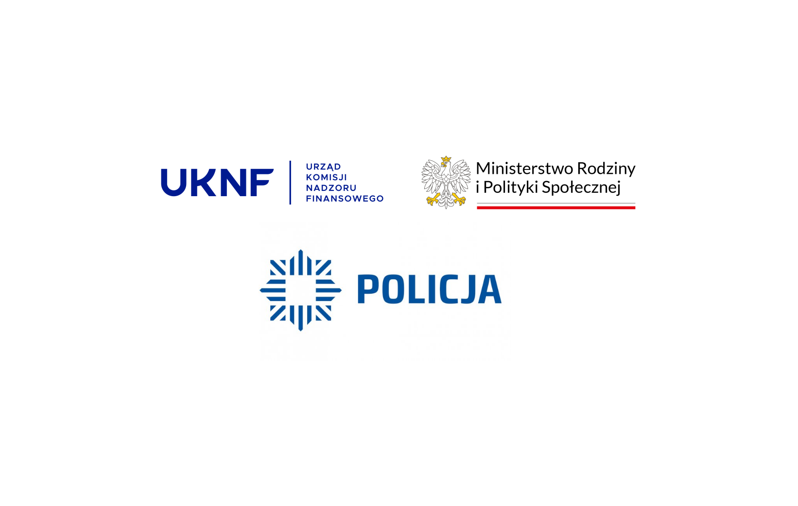 logo UKNF, logo Ministerstwa Rodziny i Polityki Społecznej, logo policji